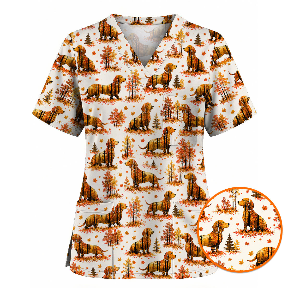 Autumn Dachshund Scrub Top, Fall Wiener Dog Nursing Uniform for Healthcare Workers, Cute Dachshund Nurse Scrubs for Dog Lovers