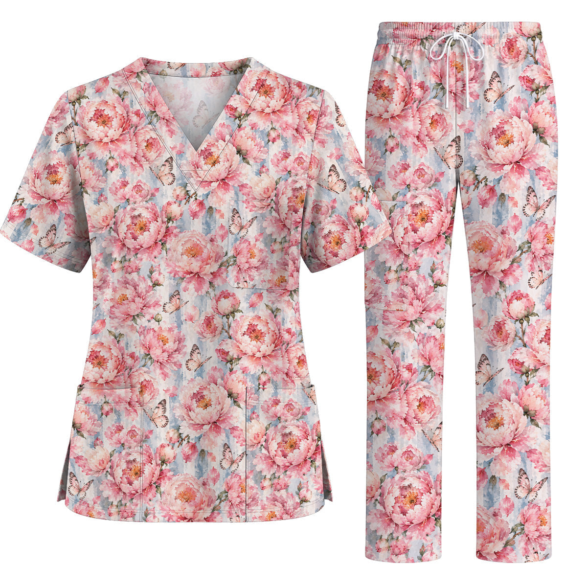 Watercolor Peony Scrub Top For Women, Pink Peony Butterfly Nurse Shirt, Floral Nursing Uniform for Healthcare Workers