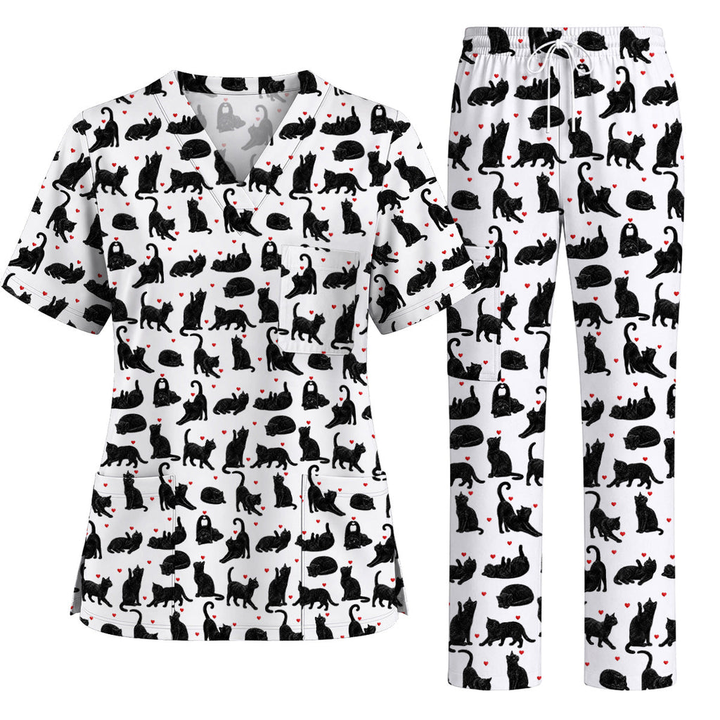 Black Cat Love Scrub Top, Cute Cat Heart Print Scrubs, Cat Lover Nurse Uniform
