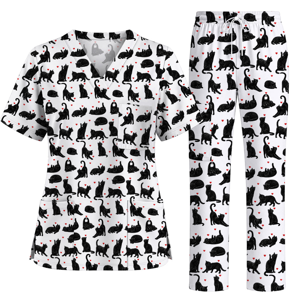 Black Cat Love Scrub Top, Cute Cat Heart Print Scrubs, Cat Lover Nurse Uniform