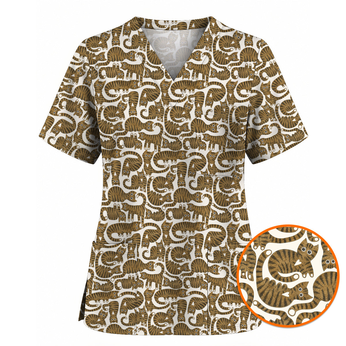 Cute Tabby Cat Pattern Scrub Top, Brown Tabby Cat Nursing Uniform for Cat Lovers, Comfortable Feline Scrubs for Nurses 1
