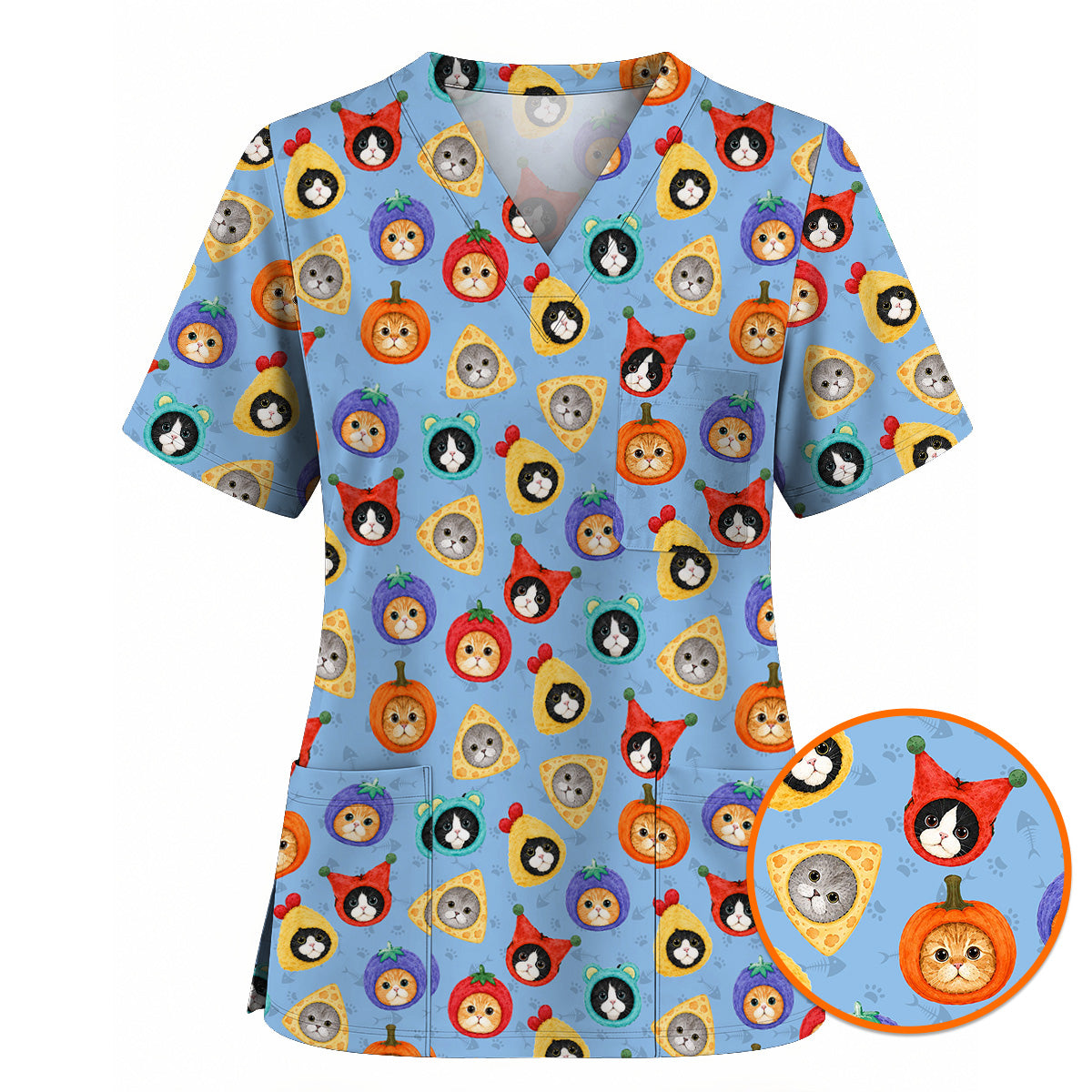 Funny Cat Pattern Scrub Top, Cute Kitty Nursing Uniform for Cat Lovers, Comfortable Medical Scrubs for Nurses