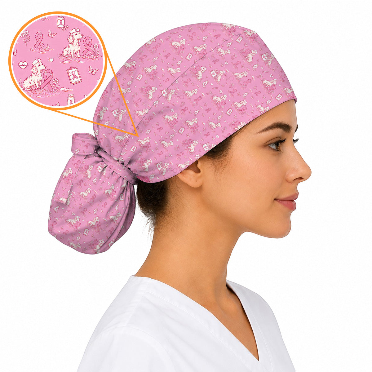 Breast Cancer Awareness Dachshund Scrub Cap, Pink Ribbon Wiener Dog Nursing Uniform, Nurse Scrubs for Dog Lovers
