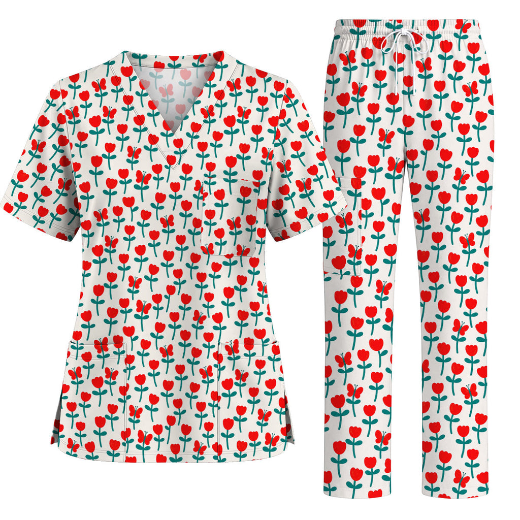 Playful Tulip Scrub Top, Colorful Tulip Butterfly Nurse Scrubs Uniform, Spring Floral Gift For Nurses