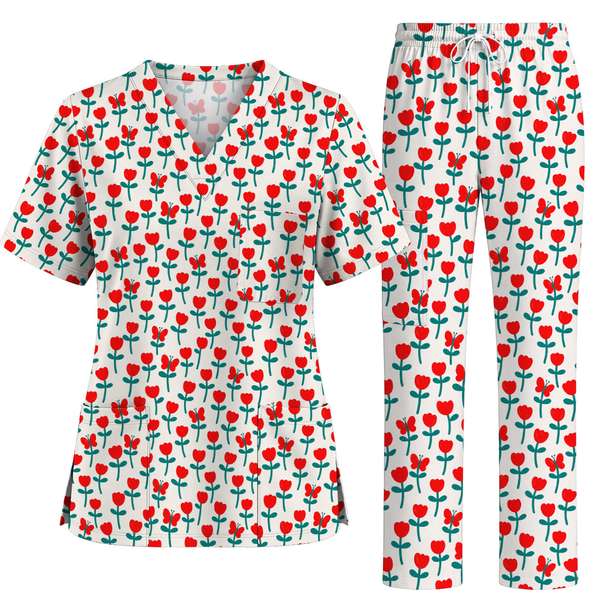 Playful Tulip Scrub Top, Colorful Tulip Butterfly Nurse Scrubs Uniform, Spring Floral Gift For Nurses