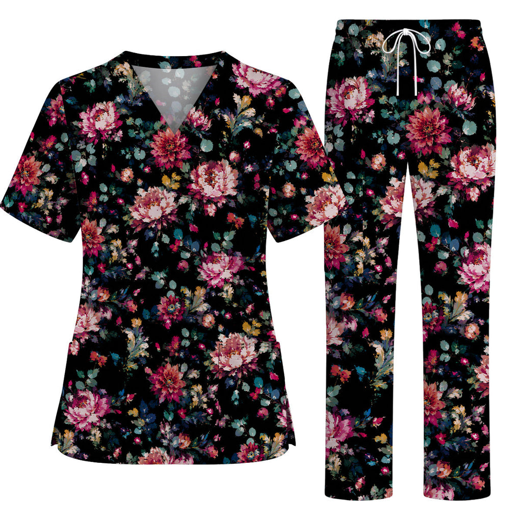 Dark Floral Scrub Top, Vintage Peony Nurse Shirt, Elegant Botanical Healthcare Uniform