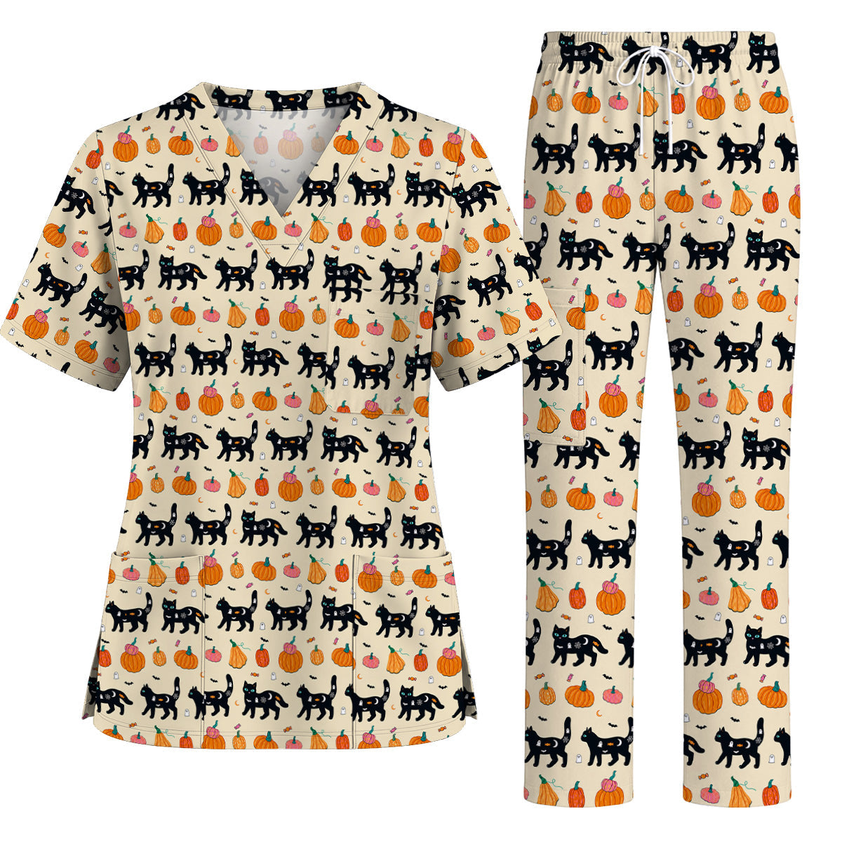 Halloween Black Cat Scrub Top, Pumpkin Cat Print Scrubs, Spooky Nurse Uniform