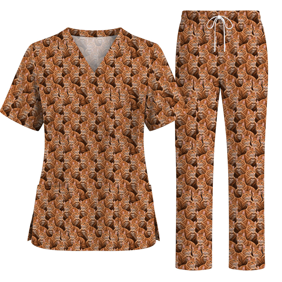 Orange Tabby Cat Pattern Scrub Top, Ginger Cat Nurse Scrubs For Cat Lover, Breathable Fabrics Nursing Uniform