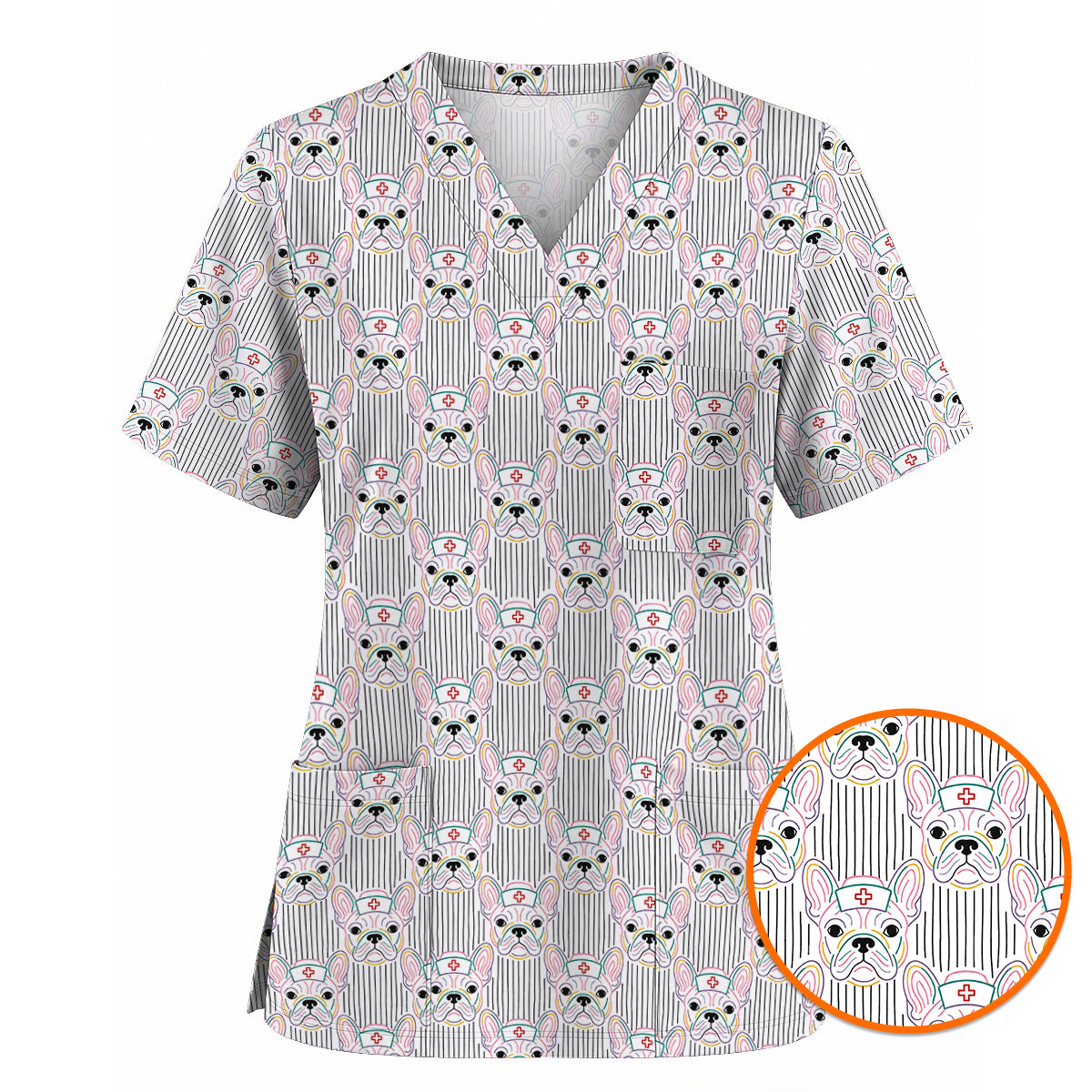 French Bulldog Nurse Scrub Top, Cute Frenchie Medical Pattern Scrubs, Dog Lover Gift for Nurses & Healthcare Workers