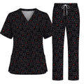 Black Cat Heart Pattern Nurse Scrub Top, Cute Cat Lover Scrubs For Nurses, Breathable Fabrics Nursing Uniform
