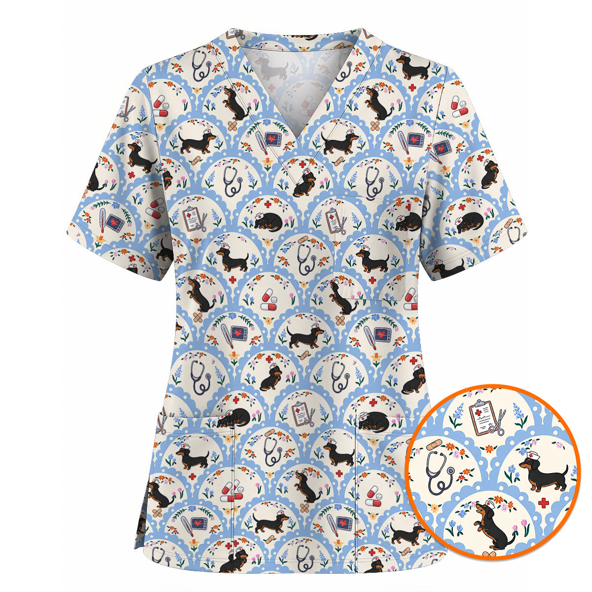 Dachshund Nurse Scrub Top, Wiener Dog Medical Pattern Scrubs for Nurses, Cute Healthcare Uniform for Dog Lovers