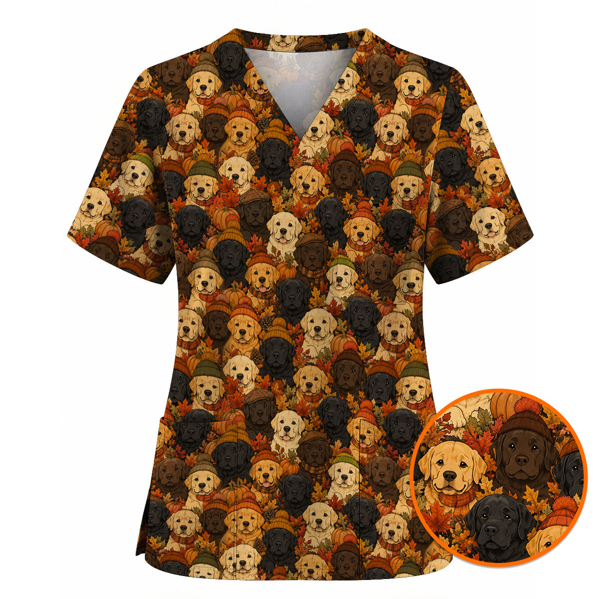 Autumn Labrador Scrub Top, Fall Labrador Retriever Nursing Uniform for Dog Lovers, Cozy Nurse Scrubs with Labrador Pattern