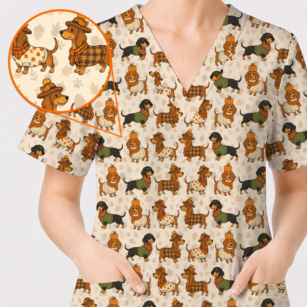 Autumn Dachshund Scrub Top, Cute Fall Wiener Dog Nursing Scrubs for Dog Lovers, Breathable Fabrics Nursing Uniform