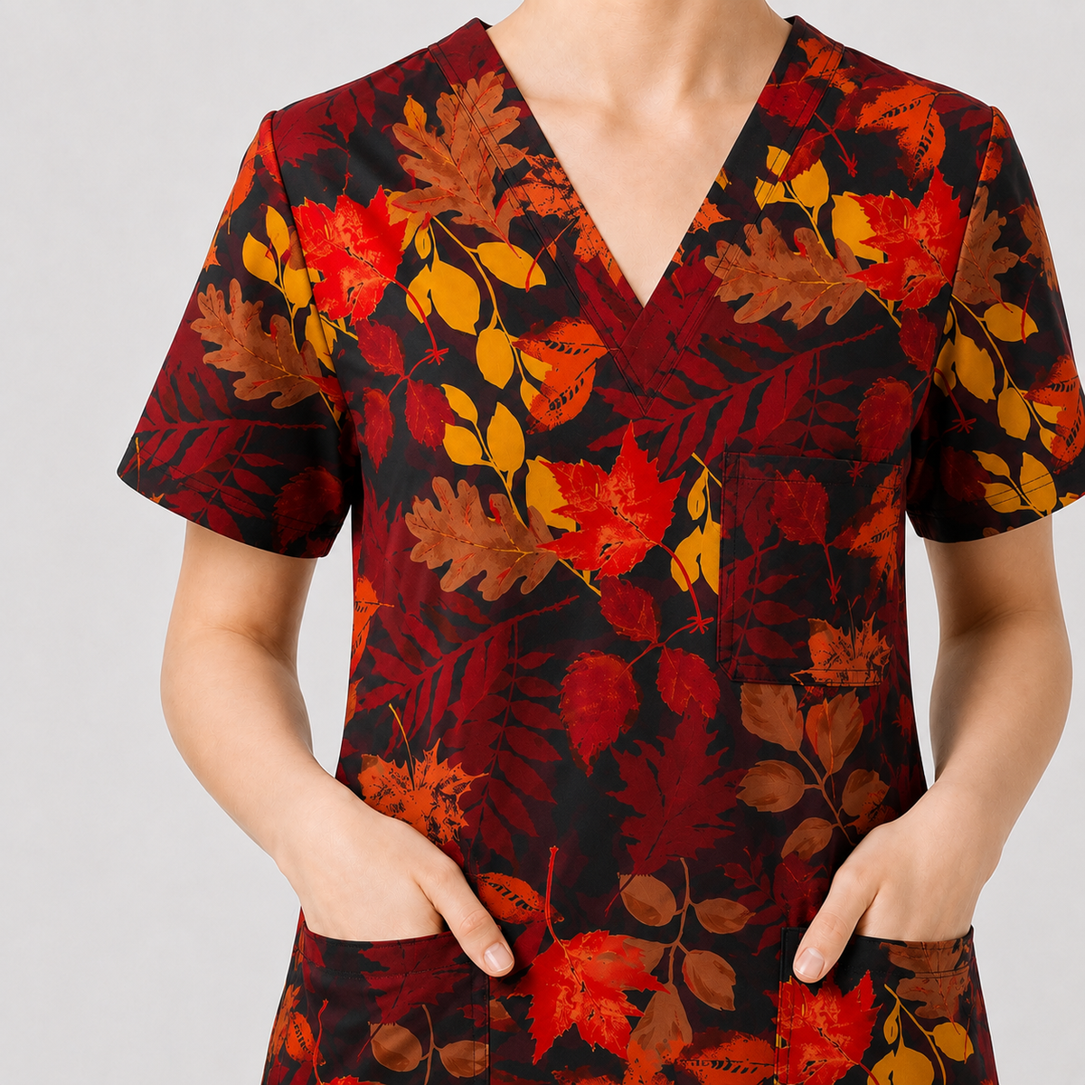 Autumn Leaves Scrub Top for Women, Fall Floral Nursing Uniform, Breathable Autumn Medical Scrub Shirt