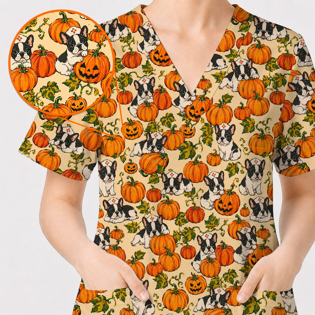 French Bulldog Halloween Nurse Scrub Top, Pumpkin Frenchie Pattern Scrubs, Cute Fall Dog Scrub Shirt for Nurses