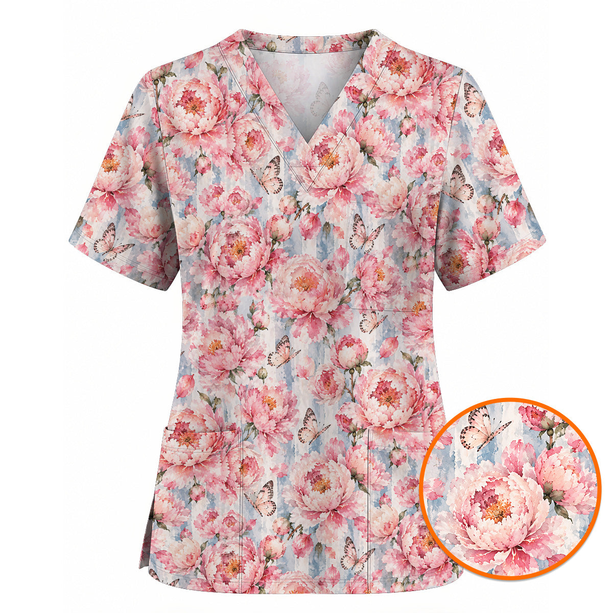 Watercolor Peony Scrub Top For Women, Pink Peony Butterfly Nurse Shirt, Floral Nursing Uniform for Healthcare Workers
