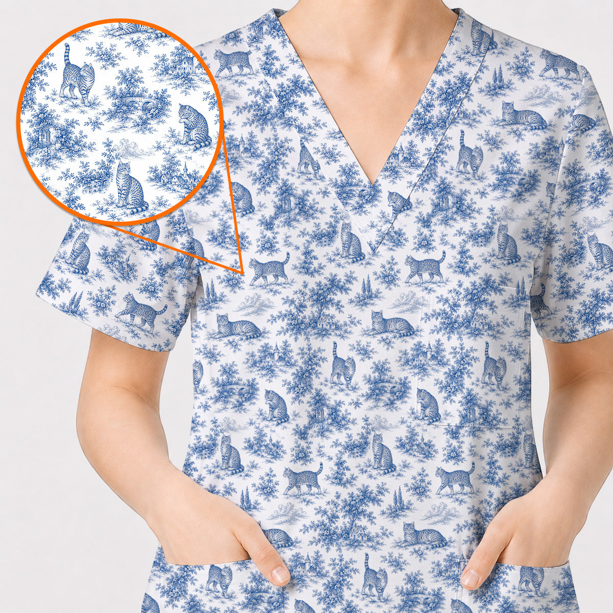 Toile de Jouy Cat Scrub Top, Crazy Cats Pattern Nursing Uniform for Cat Lovers, Vintage Feline Medical Scrubs
