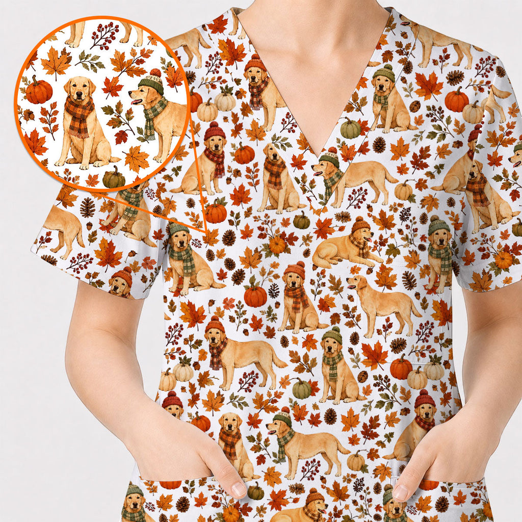 Labrador Retriever Nurse Scrub Top, Funny Autumn Lab Dog Medical Scrubs for Veterinary & Healthcare Staff, Breathable Fabrics Nursing Uniform