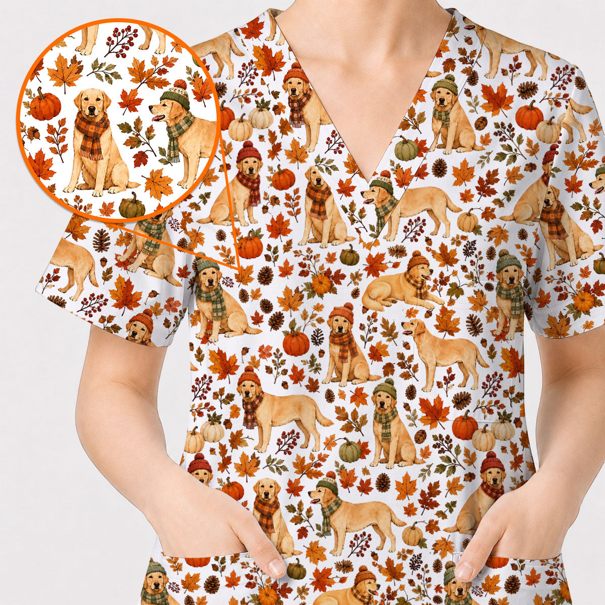 Labrador Retriever Nurse Scrub Top, Funny Autumn Lab Dog Medical Scrubs for Veterinary & Healthcare Staff, Breathable Fabrics Nursing Uniform