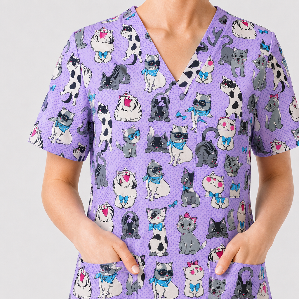 Funny Cat Scrub Top, Cute Cats Scrub Top for Women, Cute Animal Scrubs Gift for Nurse, CNA, RN, Doctor