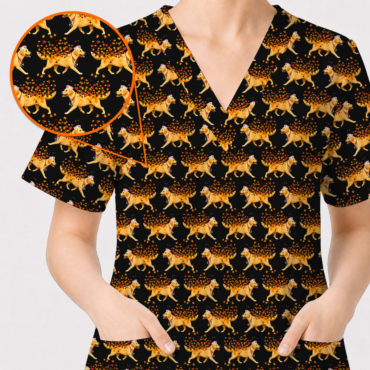 Autumn Labrador Retriever Nurse Scrub Top, Funny Fall Lab Dog Medical Uniform for Veterinary & Healthcare Staff, Comfortable Scrubs for Nurses