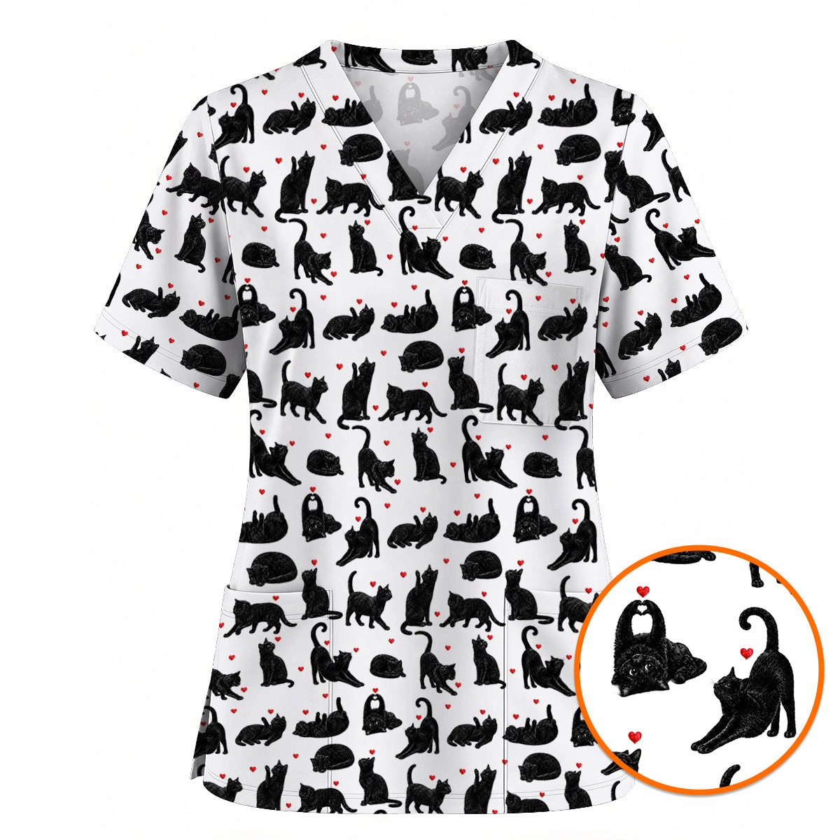 Black Cat Love Scrub Top, Cute Cat Heart Print Scrubs, Cat Lover Nurse Uniform