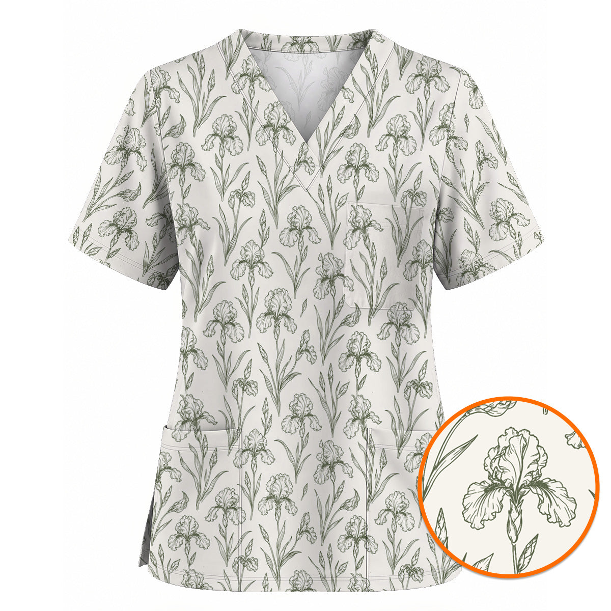 Iris Floral Scrub Top, Botanical Iris Print Scrubs, Vintage Flower Nurse Uniform
