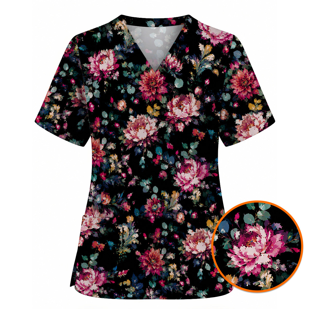 Dark Floral Scrub Top, Vintage Peony Nurse Shirt, Elegant Botanical Healthcare Uniform