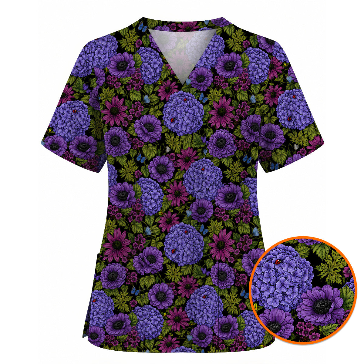 Purple Hydrangea Floral Scrub Top, Dark Botanical Nurse Shirt, Elegant Wildflower Healthcare Uniform