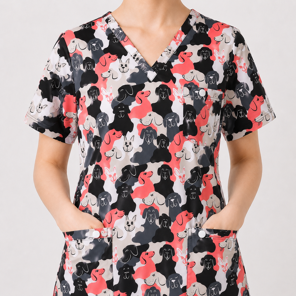 Cute Dog Pattern Scrub Top, Cartoon Puppy Nursing Scrub for Women, Breathable Veterinary Medical Uniform