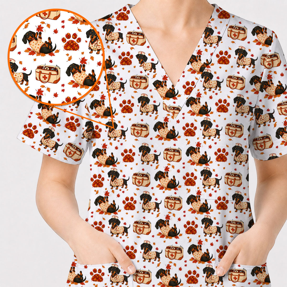 Fall Dachshund Scrub Top, Autumn Wiener Dog Nurse Uniform for Veterinary Professionals, Breathable Fabrics Nursing Scrubs for Dog Lovers