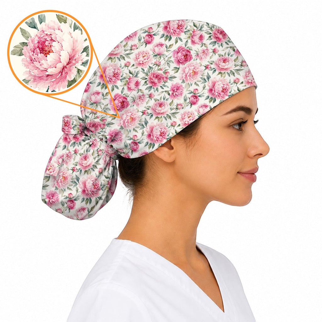 Pink Peony Garden Scrub Cap, Watercolor Peony Floral Print Scrubs, Romantic Botanical Nurse Caps