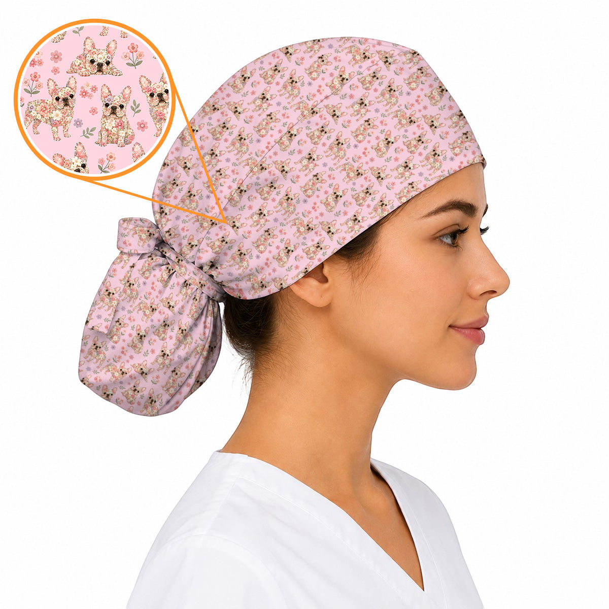 Floral French Bulldog Nurse Scrub Cap, Cute Frenchie Flower Pattern Scrubs for Nurses, Dog Lover Healthcare Gift