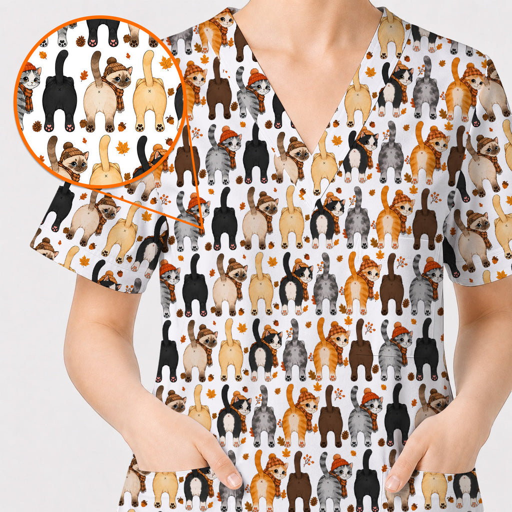 Funny Autumn Cat Scrub Top, Cozy Fall Cat Scrubs Nurse for Cat Lovers, Breathable Fabrics Nursing Uniform