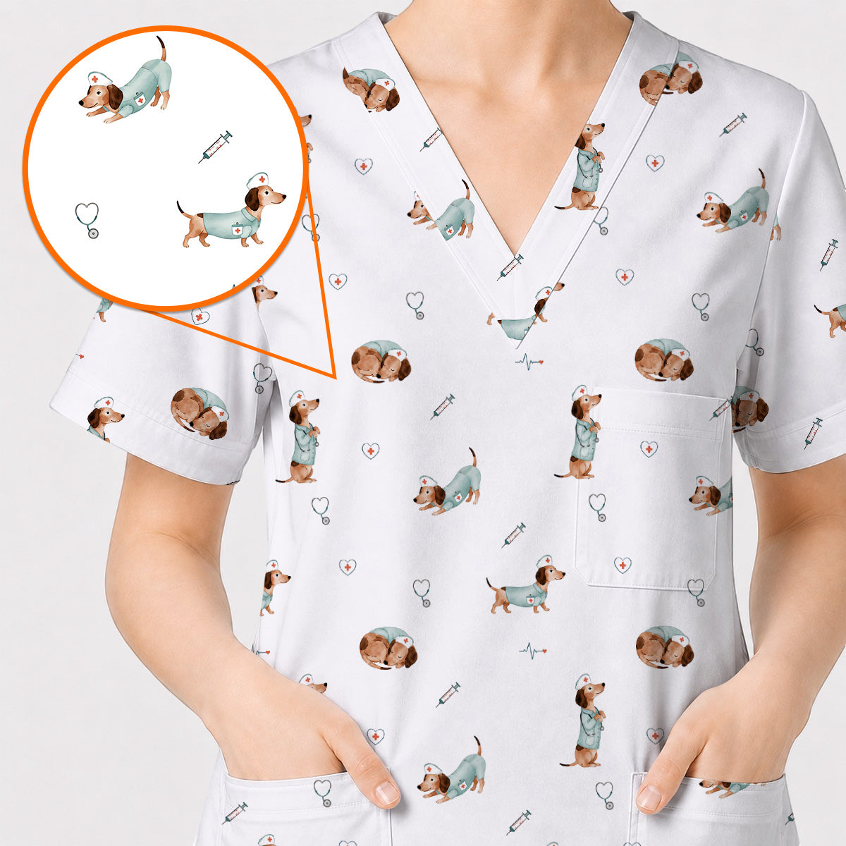 Dachshund Nurse Scrub Top, Cute Wiener Dog Nursing Uniform for Dog Lovers, Comfortable Nurse Scrubs for Healthcare Workers