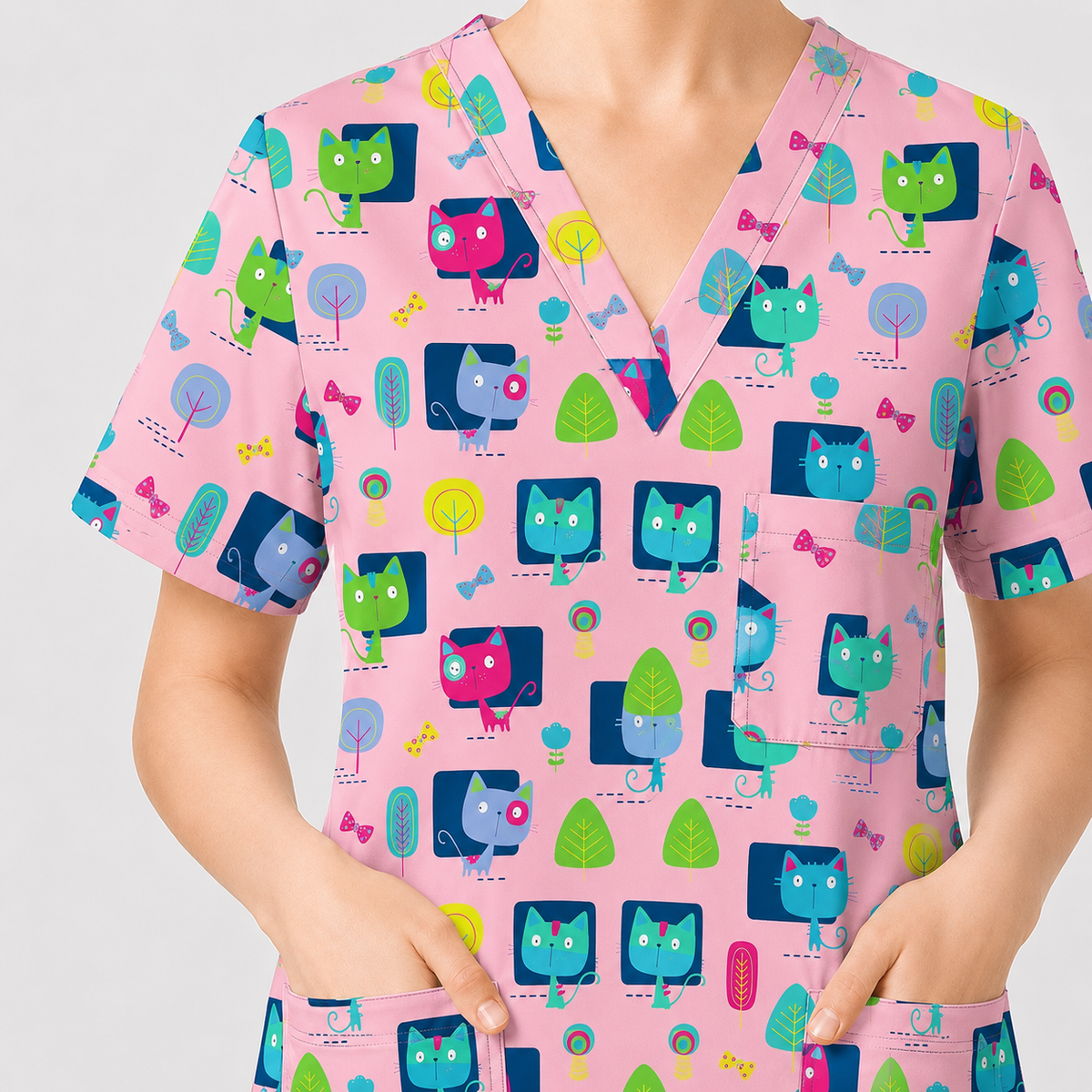 Cute Cat Pattern Scrub Top for Women, Colorful Cartoon Cats Nursing Uniform, Funny Cat Nurse Scrub Shirt, Breathable Medical Scrubs for RN LPN CNA