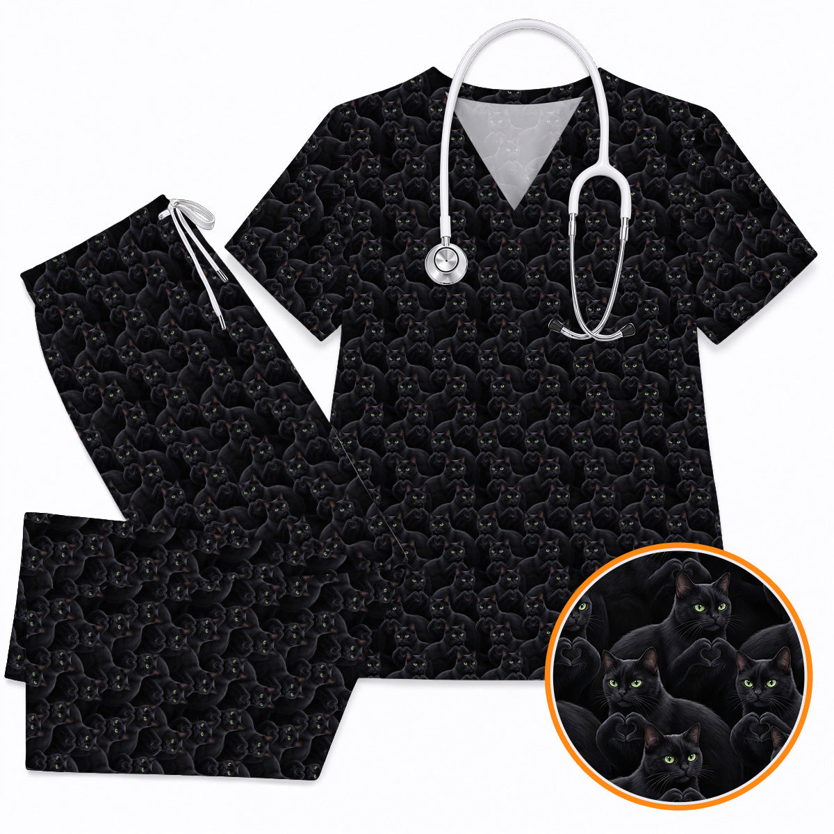 Black Cat Scrub Top for Cat Lovers, Cute Black Cat Nursing Uniform, Comfortable Feline Medical Scrubs For Nurse