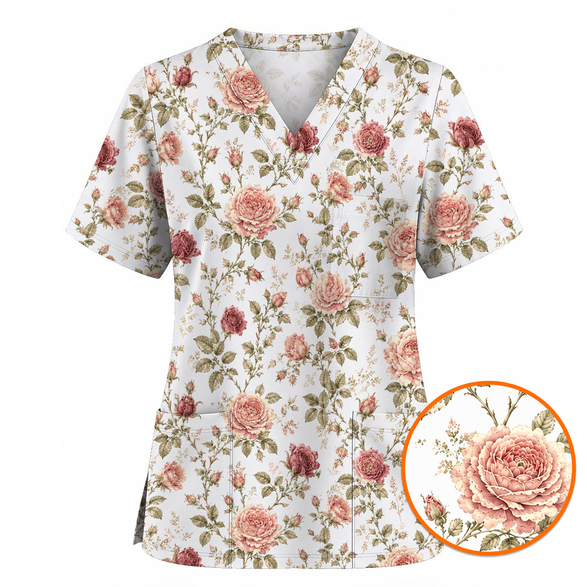 Vintage Rose Scrub Top, Romantic Rose Floral Nurse Scrubs Uniform, Cottagecore Flower Gift For Nurses