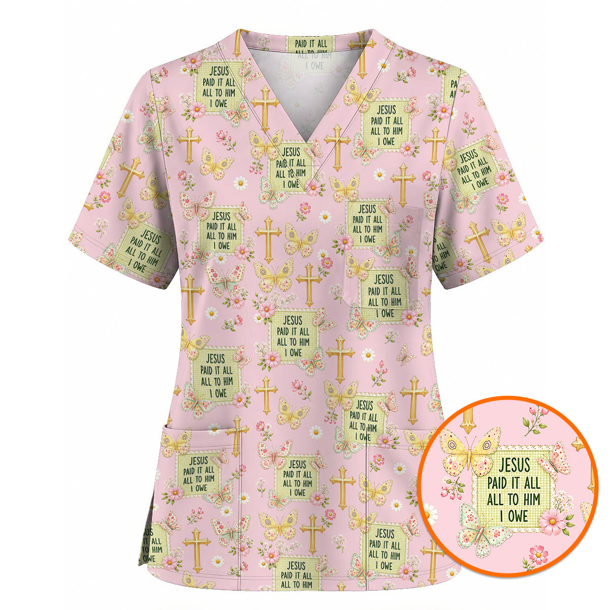 Jesus Paid It All Scrub Top, Christian Butterfly Floral Nurse Scrubs Uniform, Faith Inspired Gift For Nurses