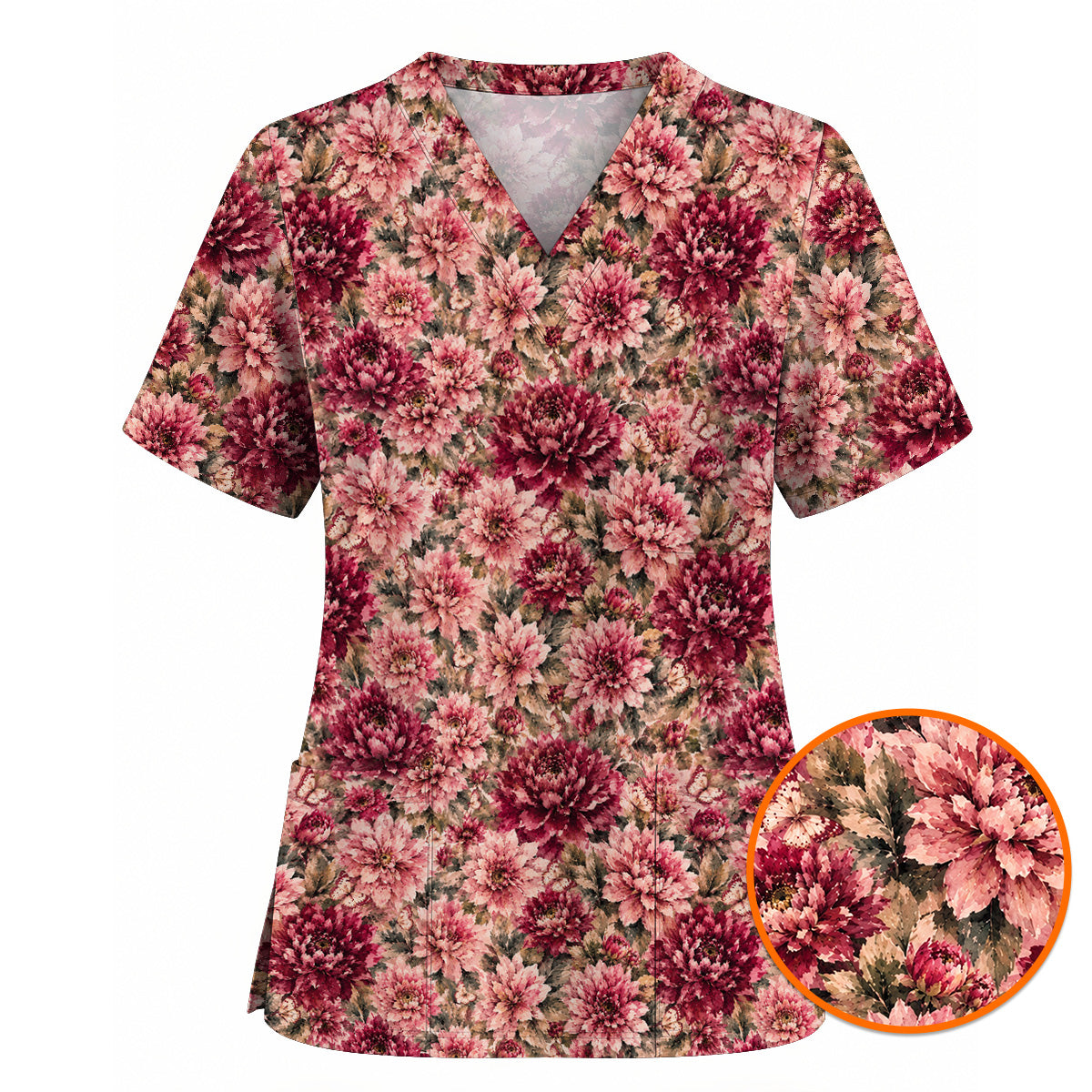 Dahlia Floral Scrub Top, Vintage Dahlia Flower Print Scrubs, Botanical Nurse Uniform