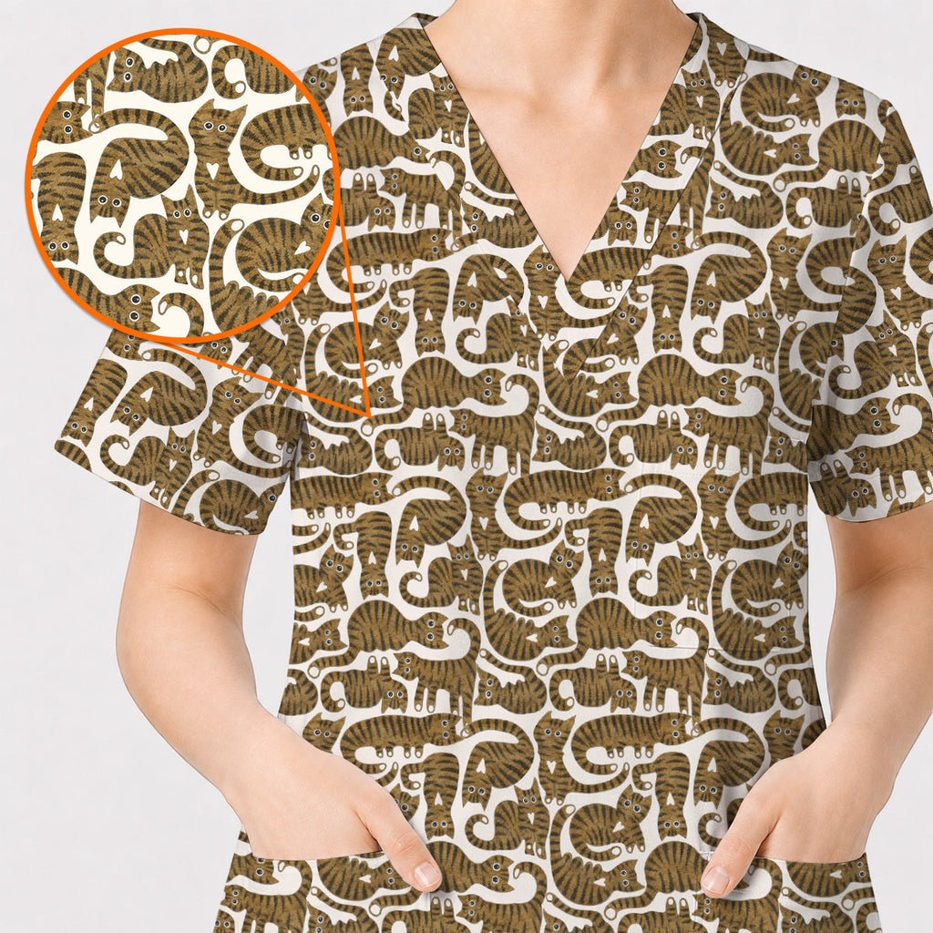 Cute Tabby Cat Pattern Scrub Top, Brown Tabby Cat Nursing Uniform for Cat Lovers, Comfortable Feline Scrubs for Nurses 1