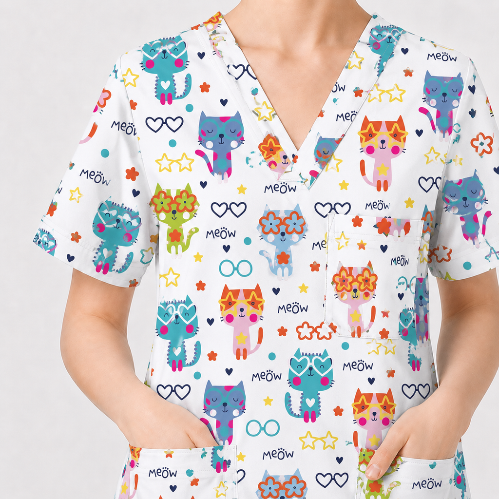 Cat Meow Pattern Scrub Top, Funny Cats Scrub Top for Women, Breathable Fabrics Nursing Uniform
