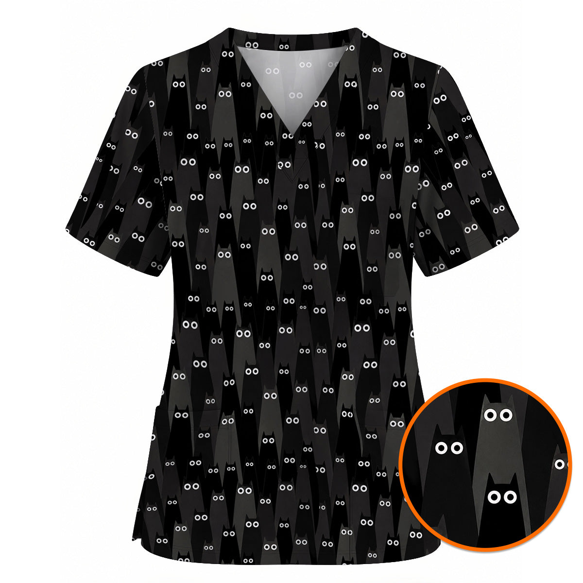 Black Cat Scrub Top, Spooky Cat Print Scrubs, Cute Halloween Nurse Uniform