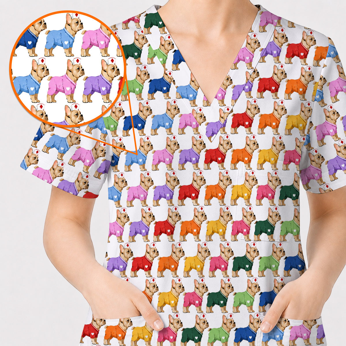 Colorful French Bulldog Nurse Scrub Top, Cute Frenchie Medical Pattern Scrubs for Nurses, Dog Lover Healthcare Gift