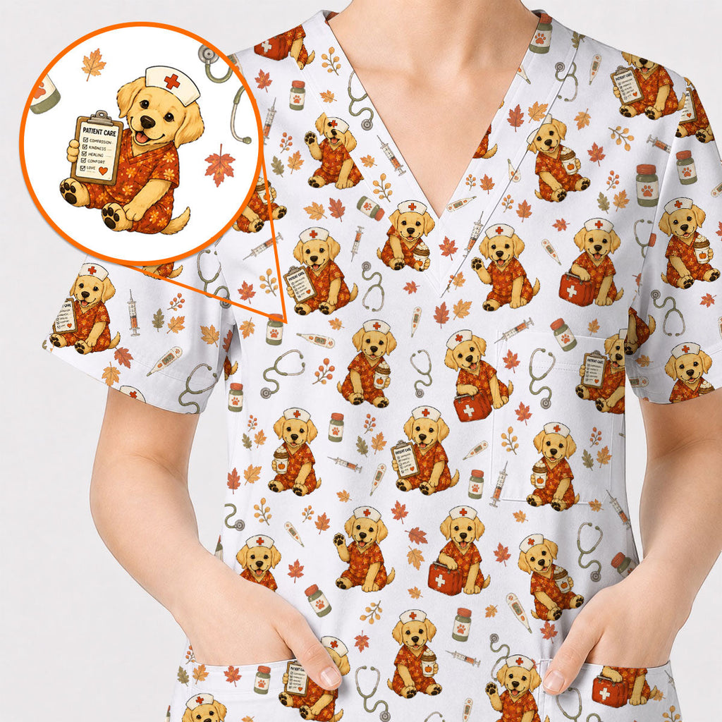 Labrador Retriever Scrub Top, Fall Dog Nursing Uniform for Veterinary Professionals, Cozy Autumn Nurse Scrubs for Dog Lovers