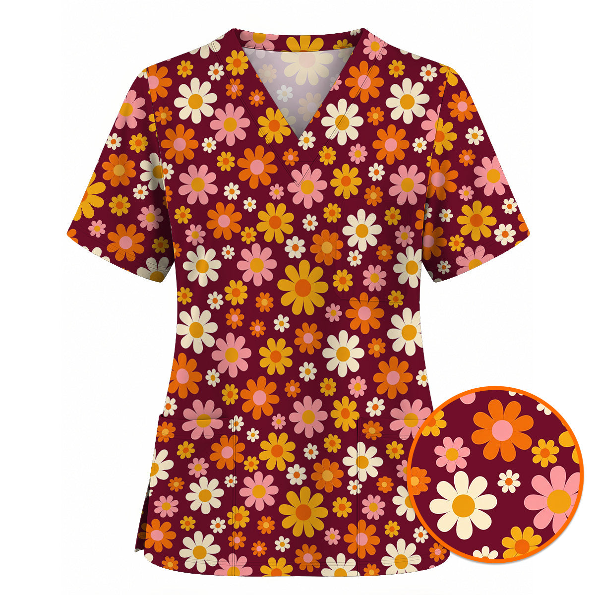 Retro Daisy Scrub Top, Colorful Daisy Floral Nurse Scrubs Uniform, Groovy Flower Gift For Nurses