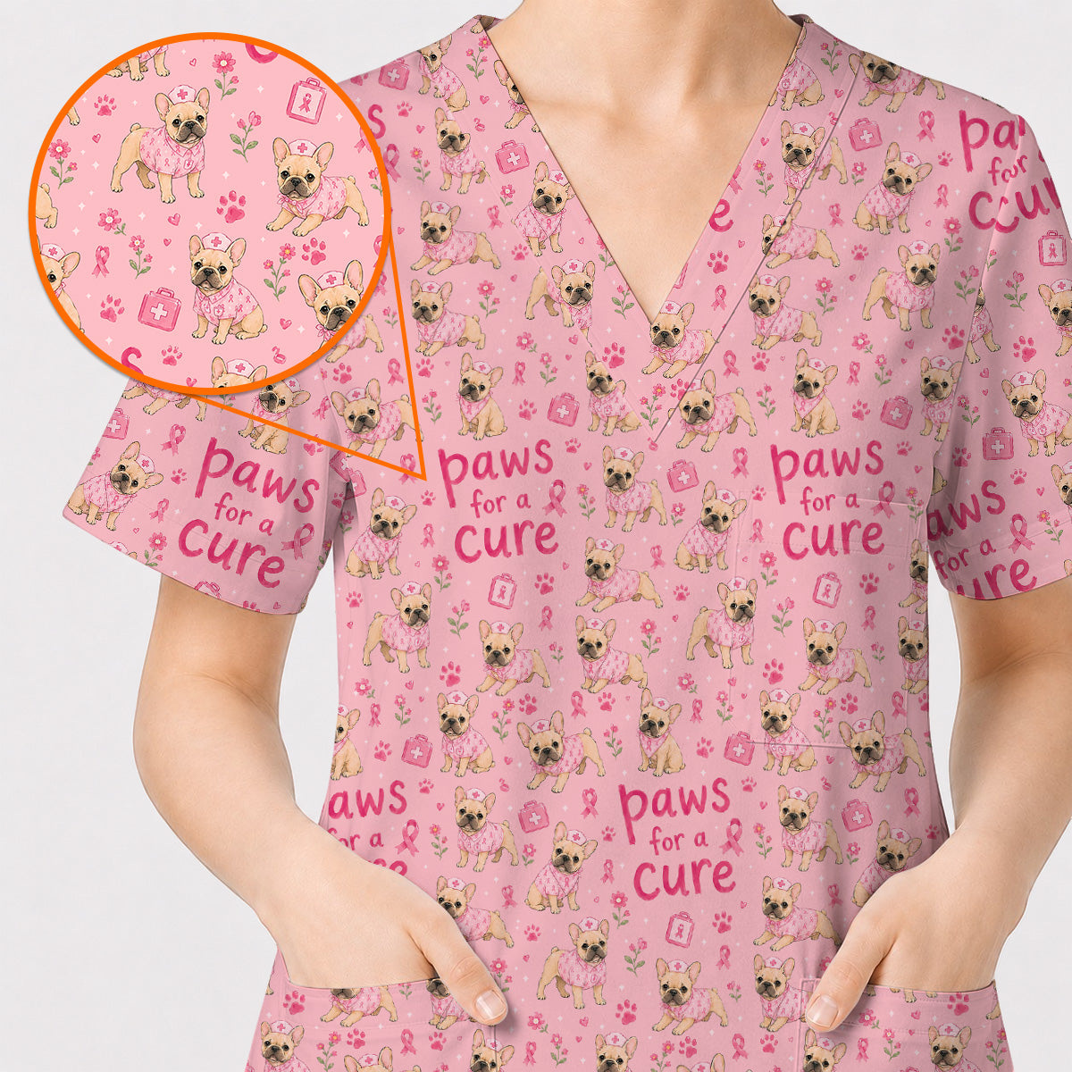 Breast Cancer French Bulldog Scrub Top, Paws for a Cure Nursing Uniform, Pink Nurse Scrubs for Dog Lovers