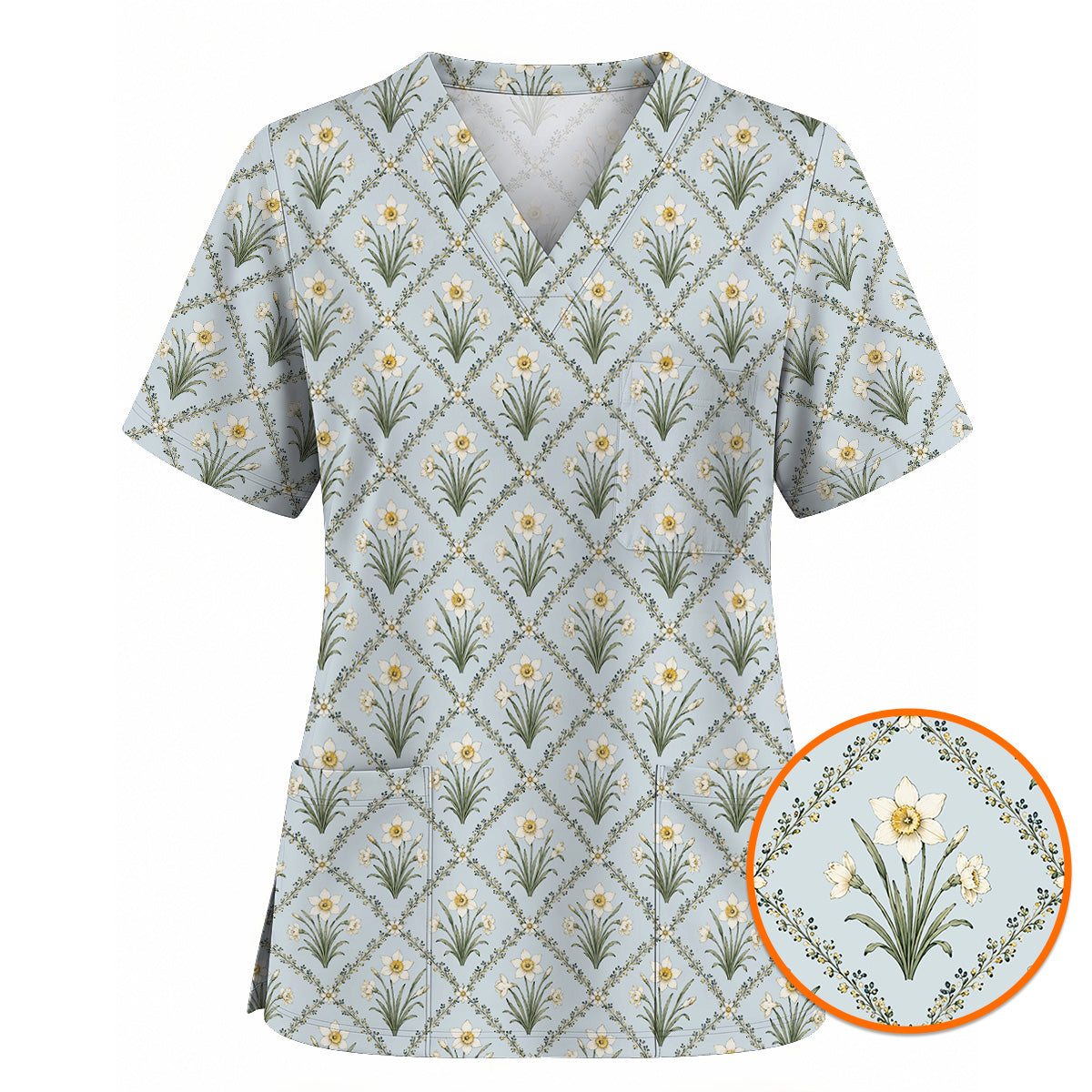 Elegant Daffodil Scrub Top, Vintage Daffodil Floral Nurse Scrubs Uniform, Spring Flower Gift For Nurses (Copy)