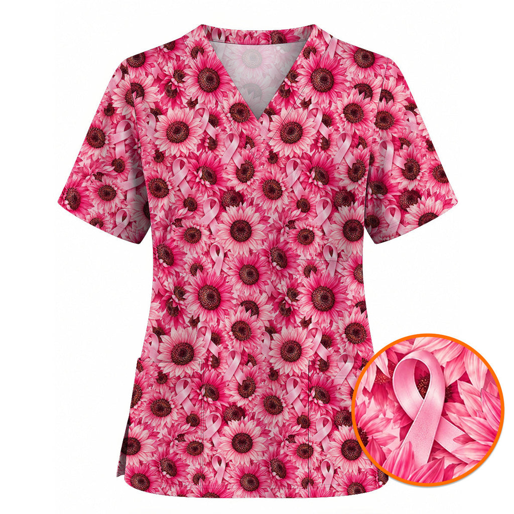 Breast Cancer Awareness Floral Scrub Top, Pink Ribbon Pattern Nurse Scrubs, Breast Cancer Nursing Uniform