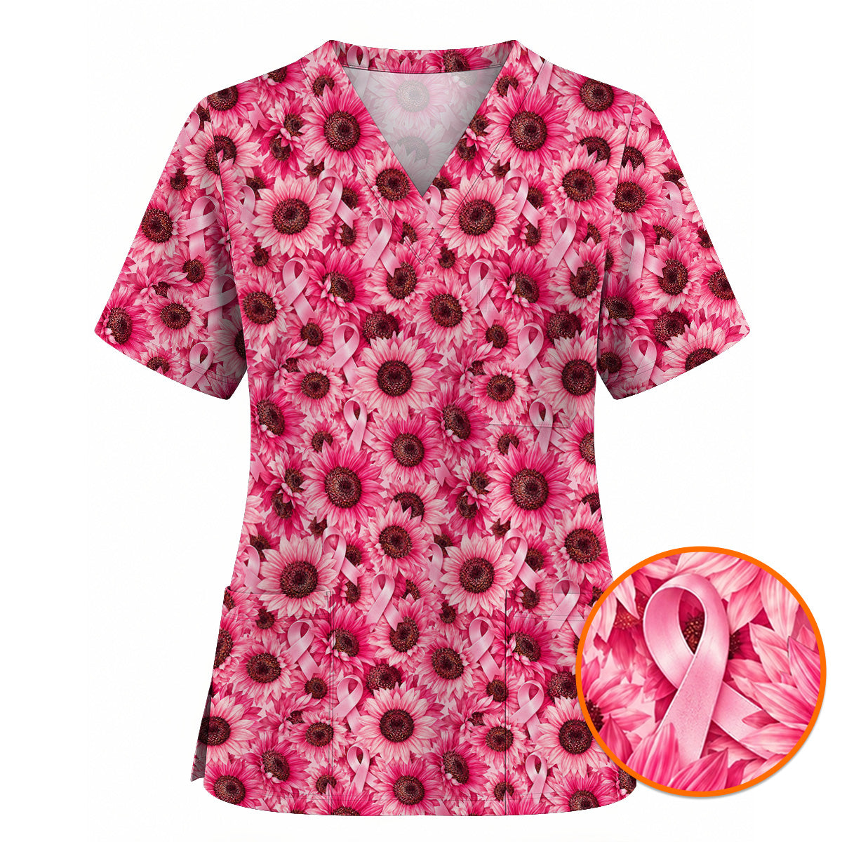 Breast Cancer Awareness Floral Scrub Top, Pink Ribbon Pattern Nurse Scrubs, Breast Cancer Nursing Uniform